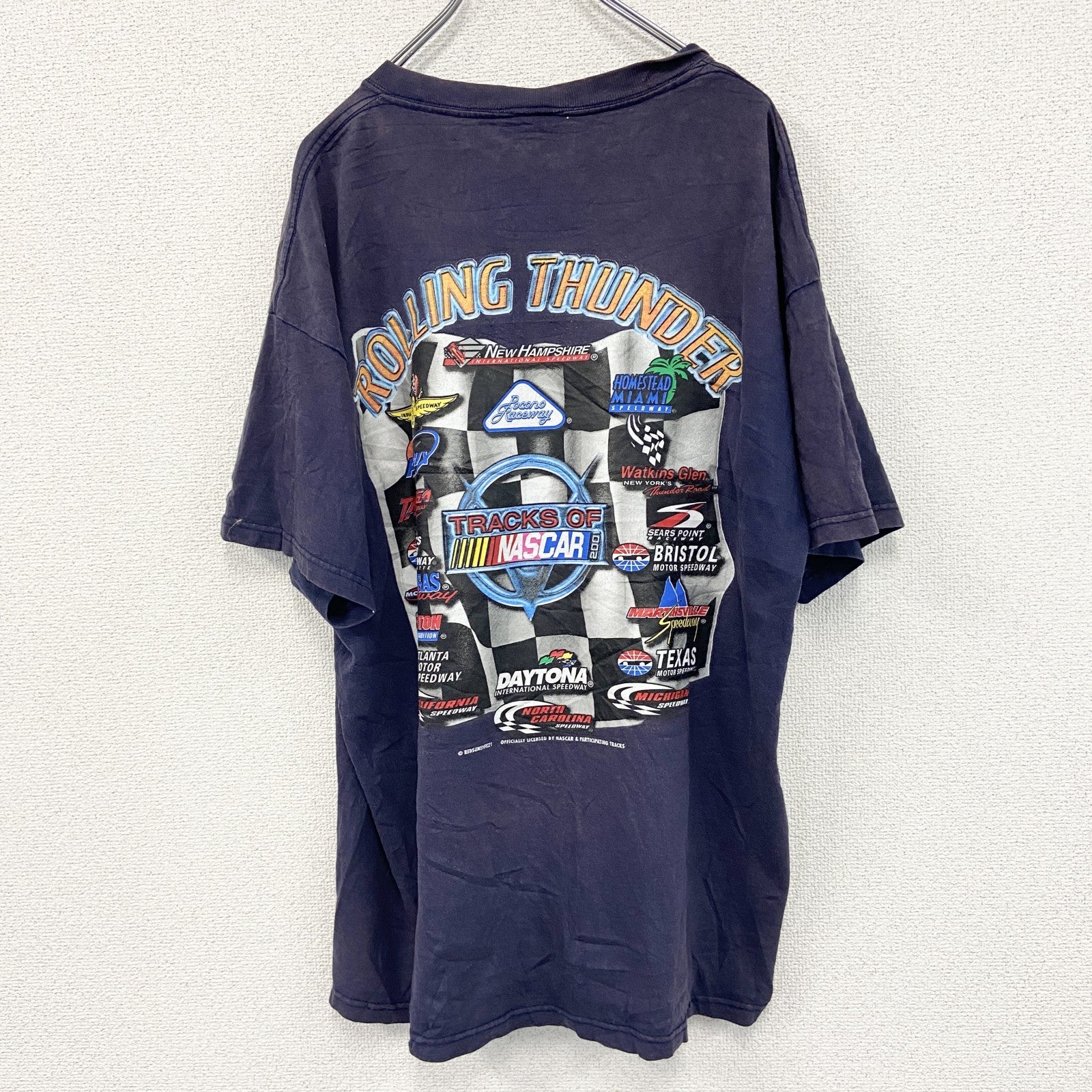00s　ROLLING THUNDER　半袖プリントTシャツ　NUSCAR　フェード　アーチプリント　ヴィンテージ　紺　ネイビー　古着