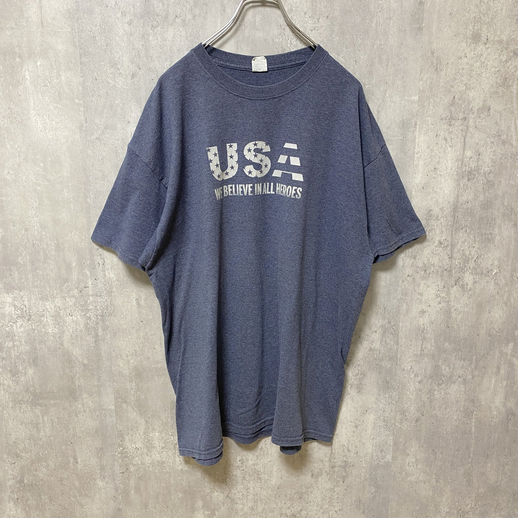 GILDAN　ギルダン　半袖プリントTシャツ　星条旗　USA　両面プリント　HERO　紺　ネイビー　XLサイズ　古着