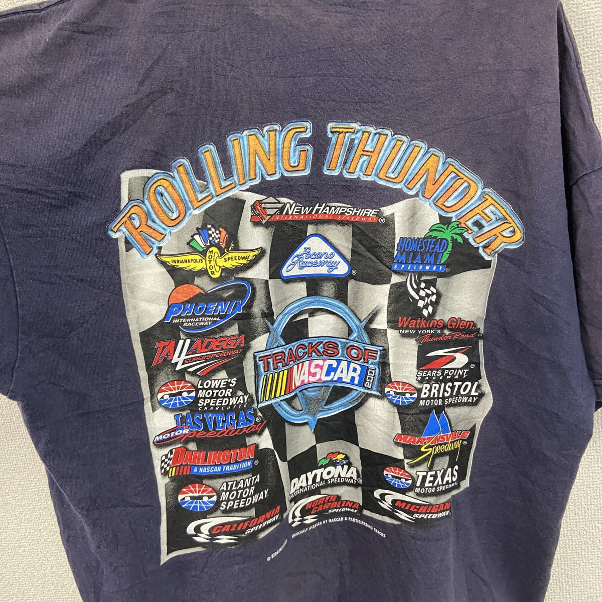 00s　ROLLING THUNDER　半袖プリントTシャツ　NUSCAR　フェード　アーチプリント　ヴィンテージ　紺　ネイビー　古着
