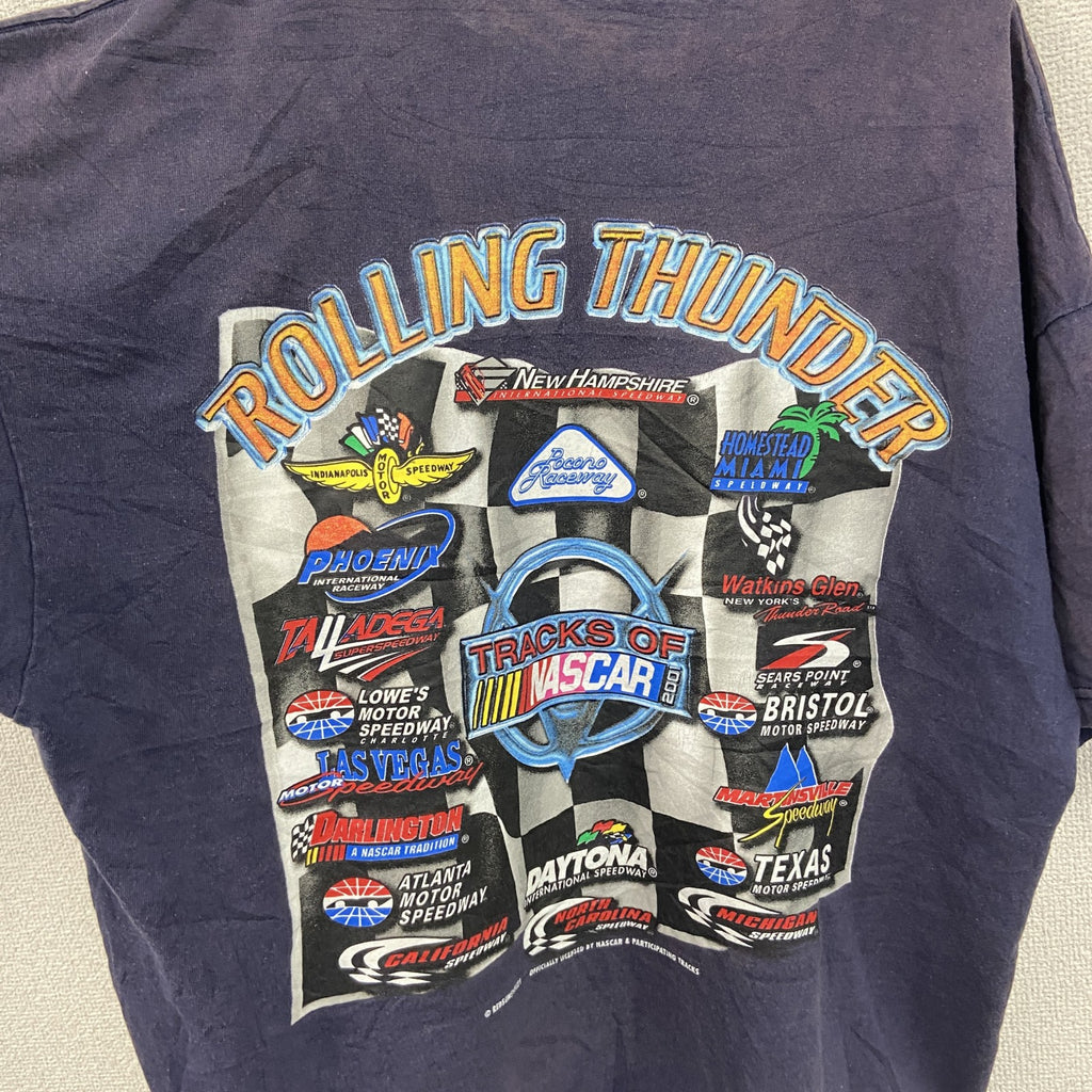 00s　ROLLING THUNDER　半袖プリントTシャツ　NUSCAR　フェード　アーチプリント　ヴィンテージ　紺　ネイビー　古着