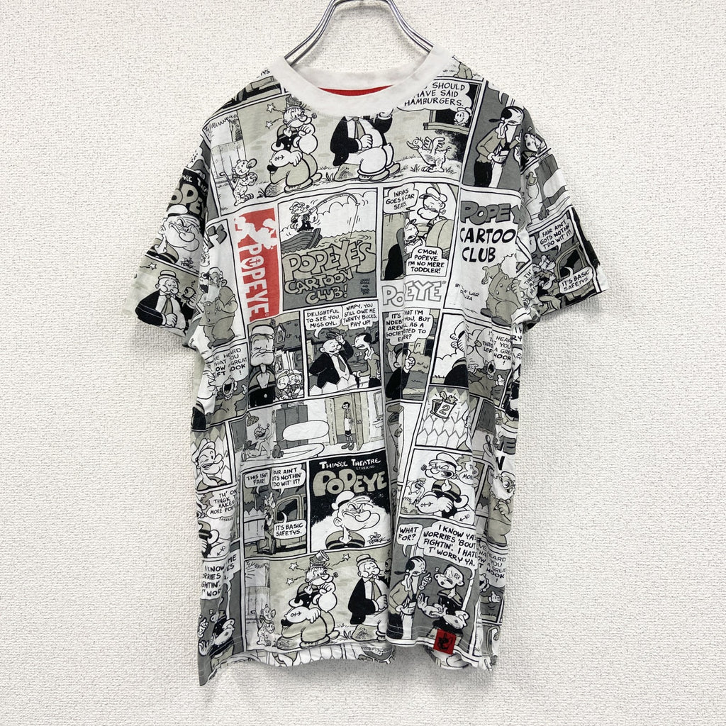 TROURBLE MAKER　POPEYE　ポパイ　半袖プリントTシャツ　総柄　アメコミ柄　白　ホワイト　黒　ブラック　Mサイズ　古着