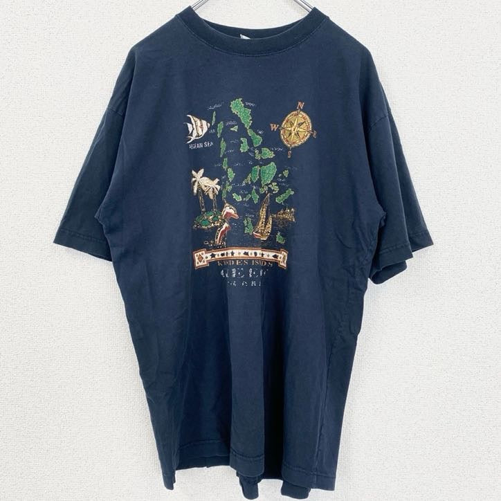 半袖プリントTシャツ　地図　Kyklades　キクラデス諸島　クルーネック　レトロデザイン　紺　ネイビー　Lサイズ　古着