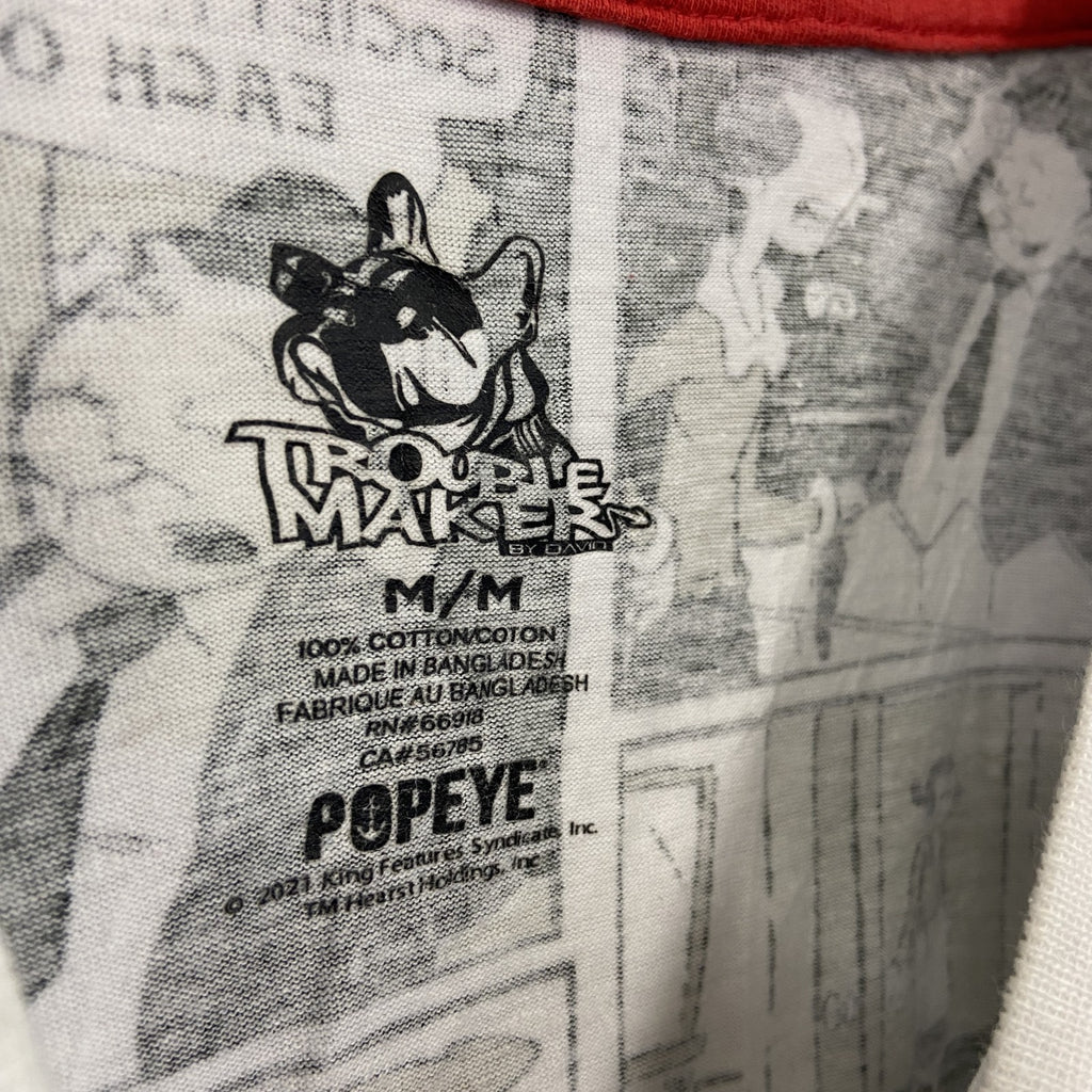 TROURBLE MAKER　POPEYE　ポパイ　半袖プリントTシャツ　総柄　アメコミ柄　白　ホワイト　黒　ブラック　Mサイズ　古着