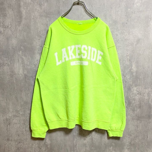 古着 used　長袖ロゴプリントスウェット　トレーナー　LAKESIDE　オハイオ州　緑色　ライトグリーン　秋冬服　Lサイズ