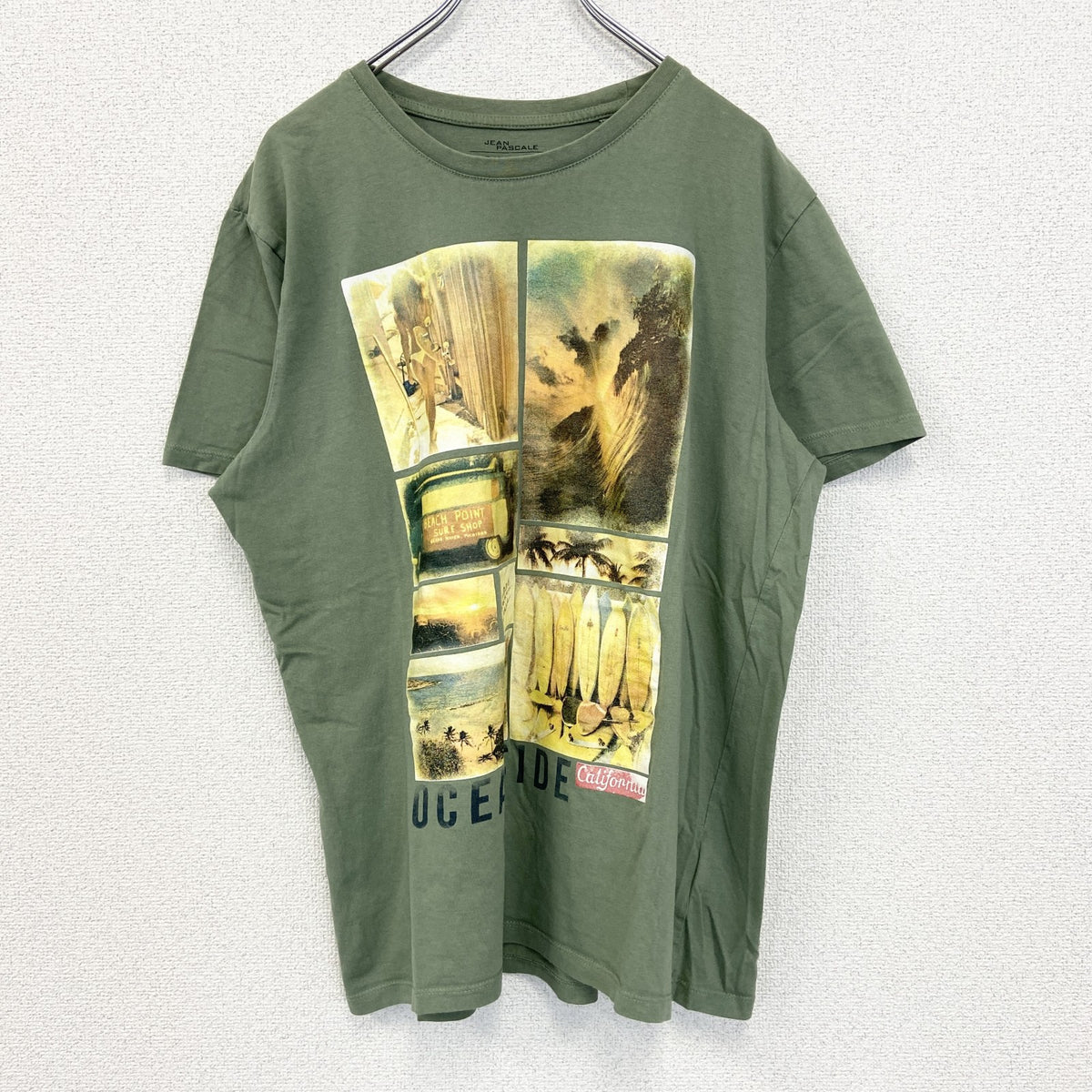 JEAN PASCALE　半袖コラージュプリントTシャツ　クルーネック　カジュアルデザイン　黄緑　XLサイズ　古着
