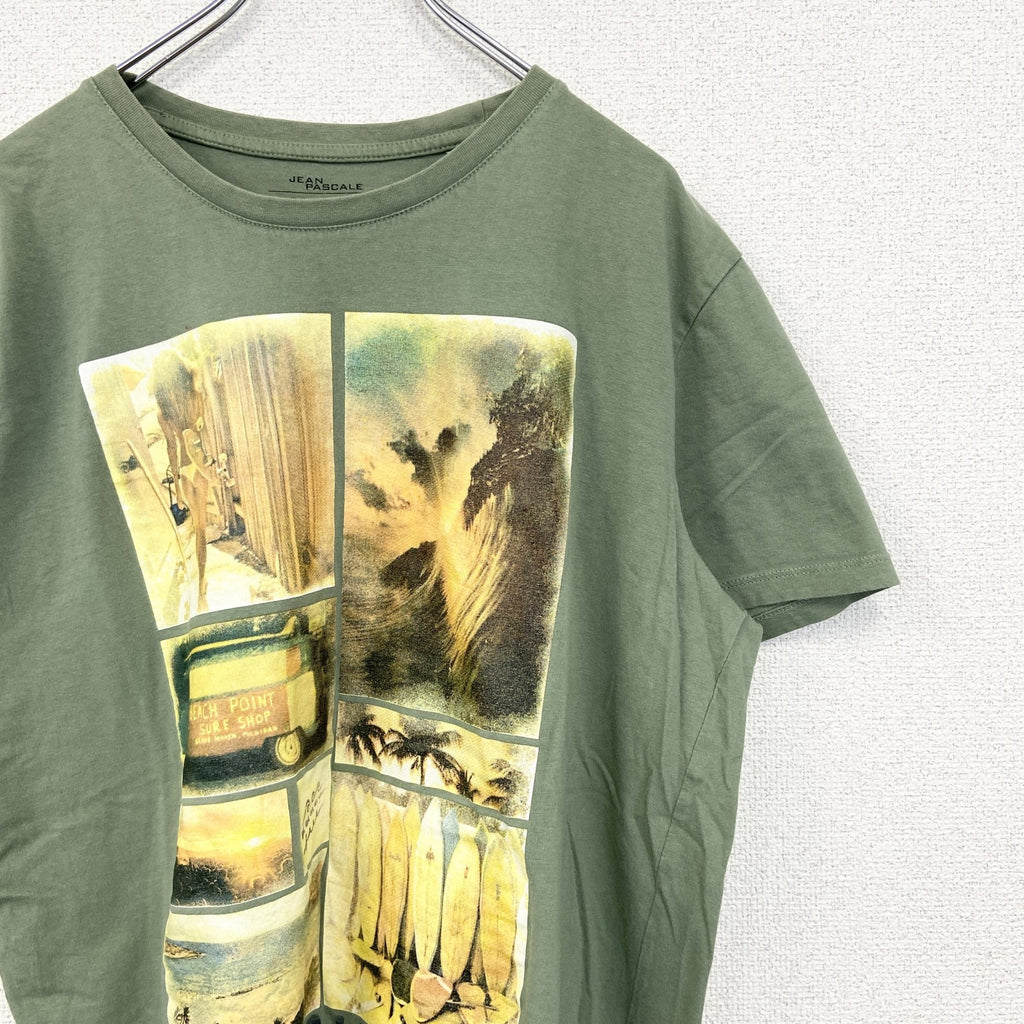 JEAN PASCALE　半袖コラージュプリントTシャツ　クルーネック　カジュアルデザイン　黄緑　XLサイズ　古着