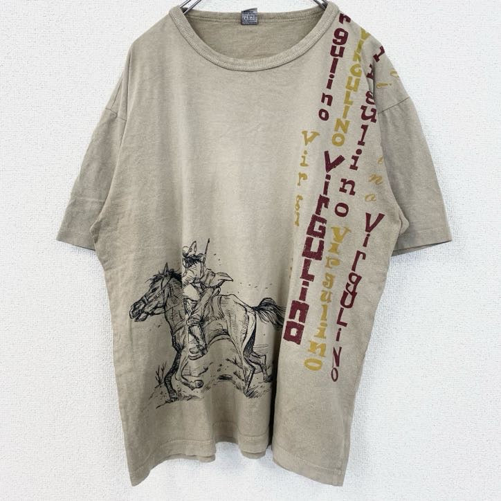 VIRGULINO　半袖プリントTシャツ　馬　ホース　ブラジル　レトロデザイン　ベージュ　XLサイズ　古着