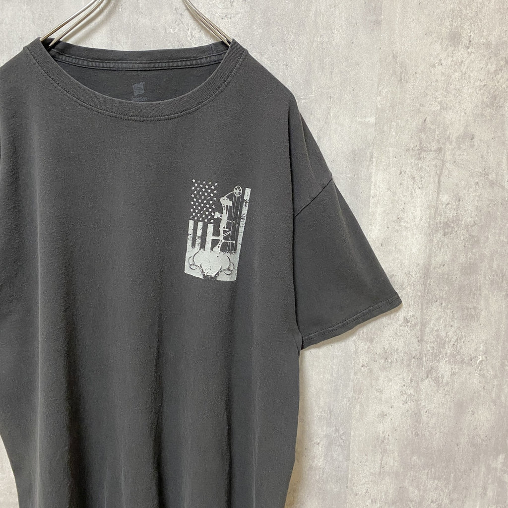 Hanes　ヘインズ　半袖プリントTシャツ　星条旗　両面プリント　クルーネック　黒　ブラック　XLサイズ　古着