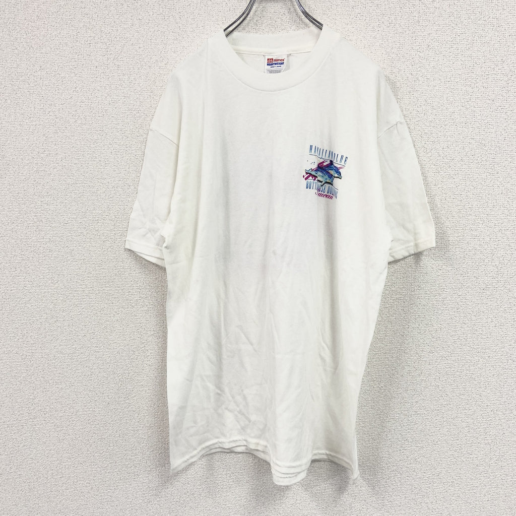 Hanes　ヘインズ　半袖プリントアニマルTシャツ　ハワイ　ドルフィン　イルカ　白　ホワイト　Lサイズ　古着
