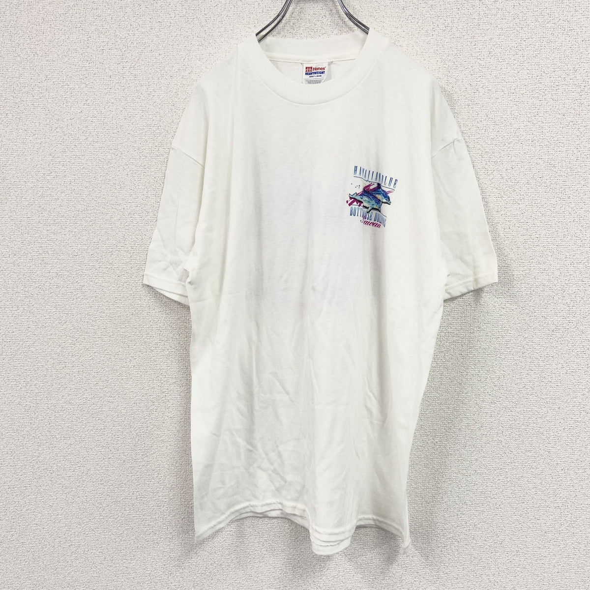 Hanes　ヘインズ　半袖プリントアニマルTシャツ　ハワイ　ドルフィン　イルカ　白　ホワイト　Lサイズ　古着