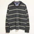 TOMMYHILFIGER　トミーヒルフィガー　長袖ボーダー柄ニット　セーター　Vネック　ワンポイント刺繍　グレー　灰色　古着