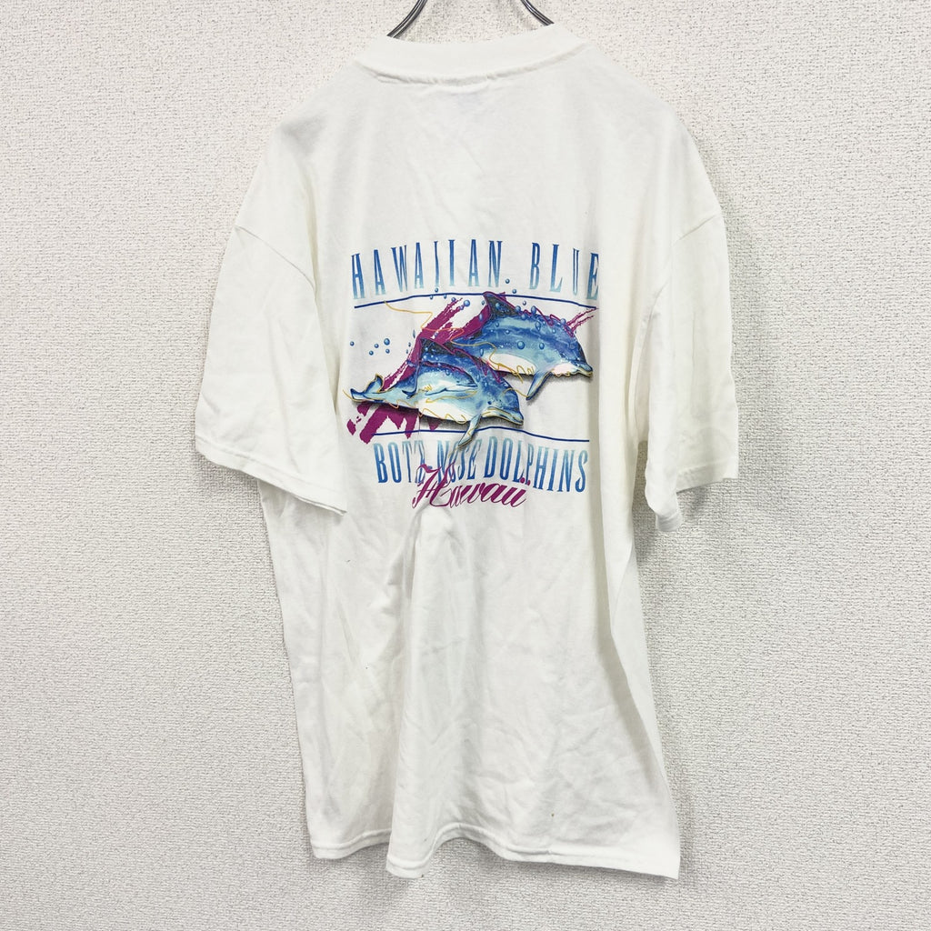 Hanes　ヘインズ　半袖プリントアニマルTシャツ　ハワイ　ドルフィン　イルカ　白　ホワイト　Lサイズ　古着