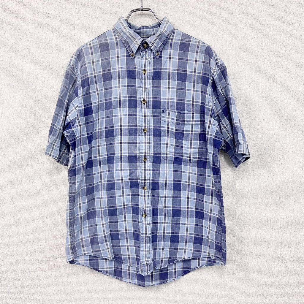 90s　LANDS’ END　ランズエンド　半袖チェックシャツ　ヴィンテージ　青　ブルー　Mサイズ　古着