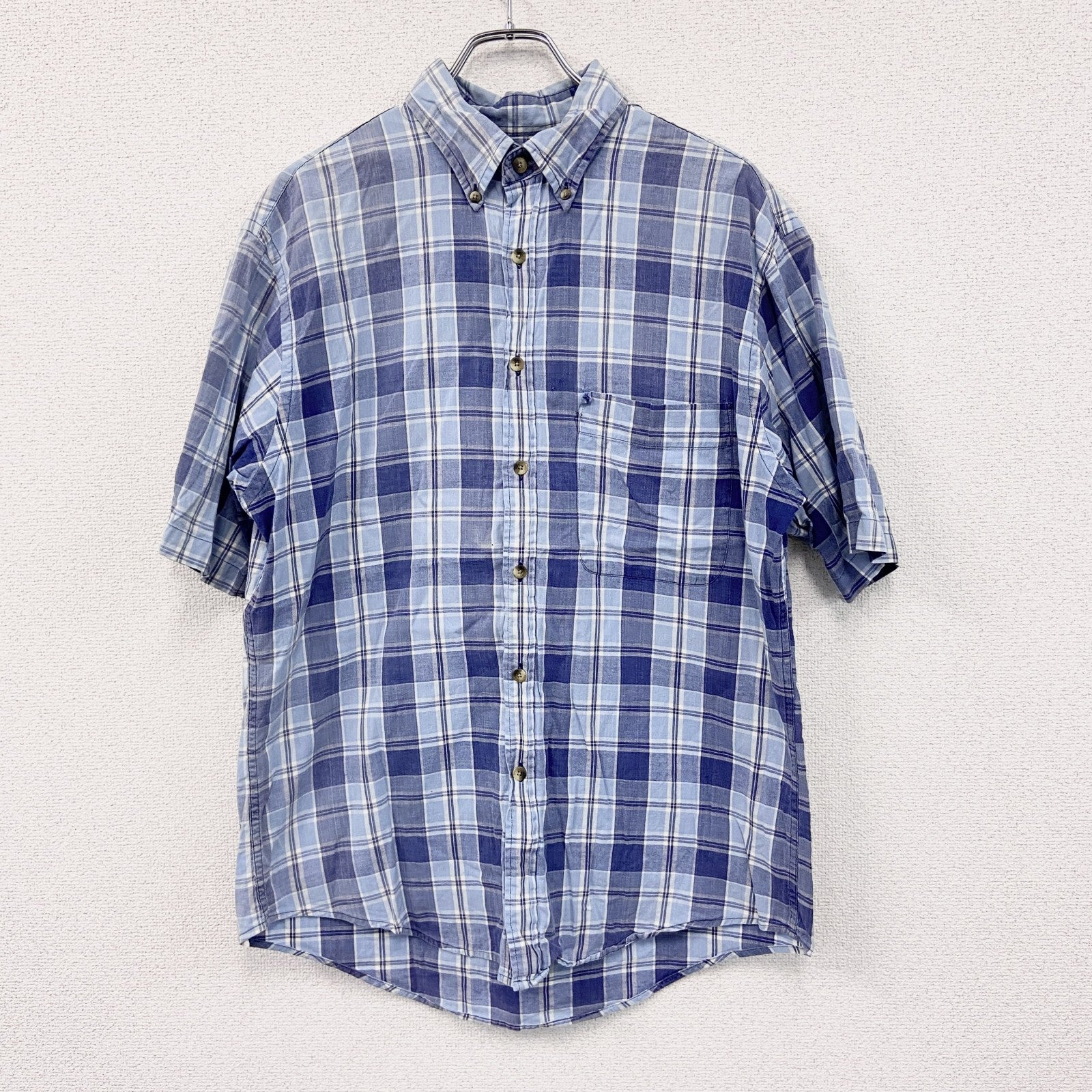 90s　LANDS’ END　ランズエンド　半袖チェックシャツ　ヴィンテージ　青　ブルー　Mサイズ　古着