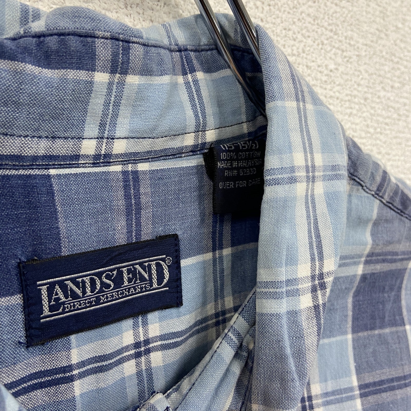 90s　LANDS’ END　ランズエンド　半袖チェックシャツ　ヴィンテージ　青　ブルー　Mサイズ　古着