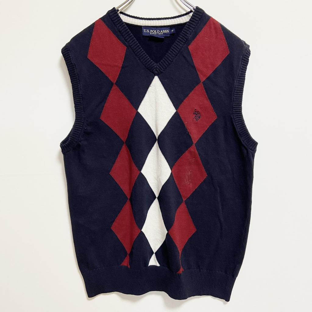 U.S.POLOASSN　ユーエスポロアッスン　ポイント刺繍ニットベスト　ダイヤ柄　Vネック　ネイビー　紺　Mサイズ　古着