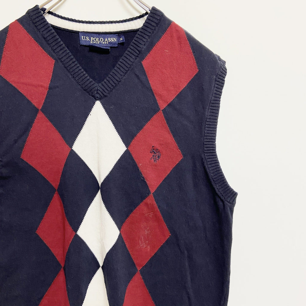 U.S.POLOASSN　ユーエスポロアッスン　ポイント刺繍ニットベスト　ダイヤ柄　Vネック　ネイビー　紺　Mサイズ　古着