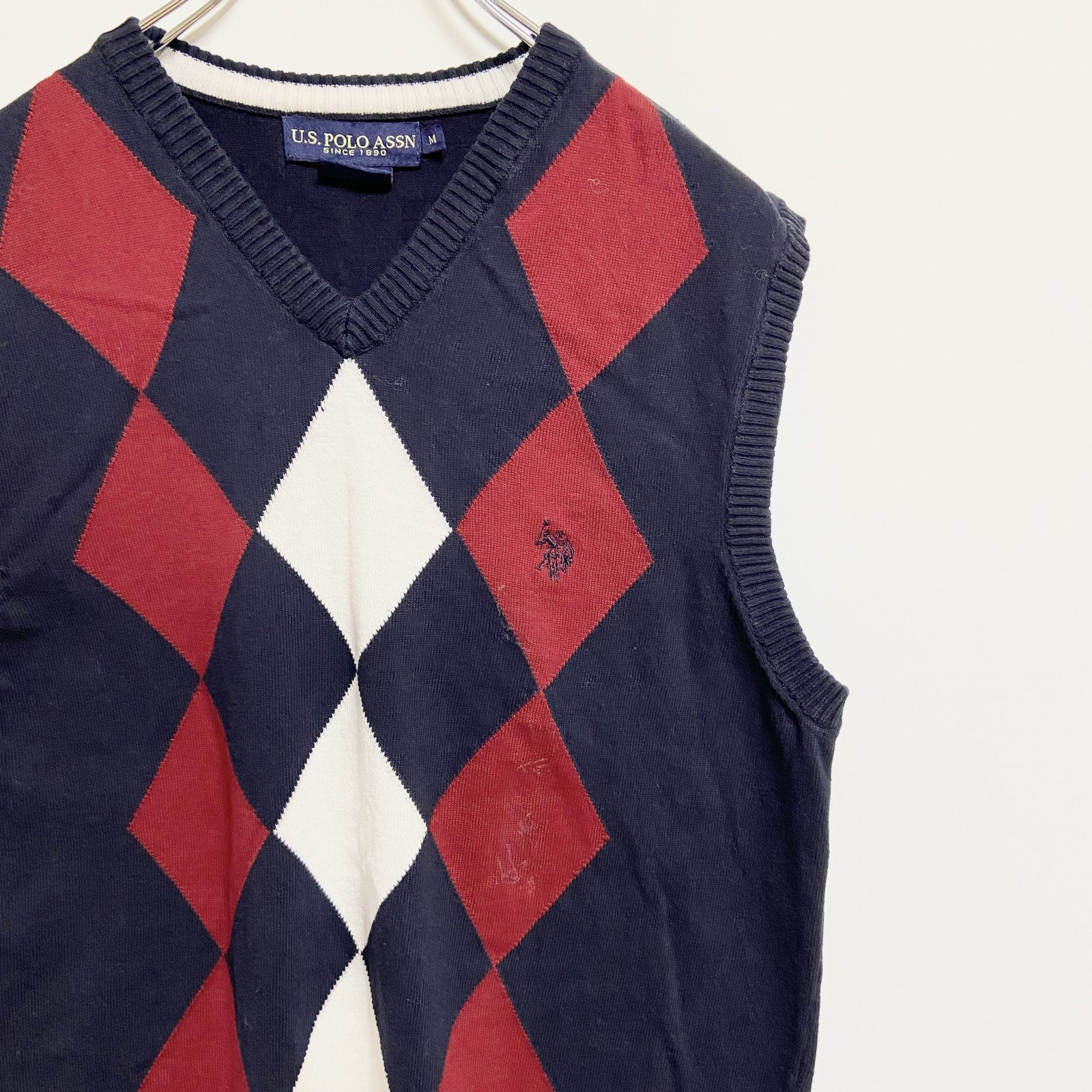 U.S.POLOASSN　ユーエスポロアッスン　ポイント刺繍ニットベスト　ダイヤ柄　Vネック　ネイビー　紺　Mサイズ　古着