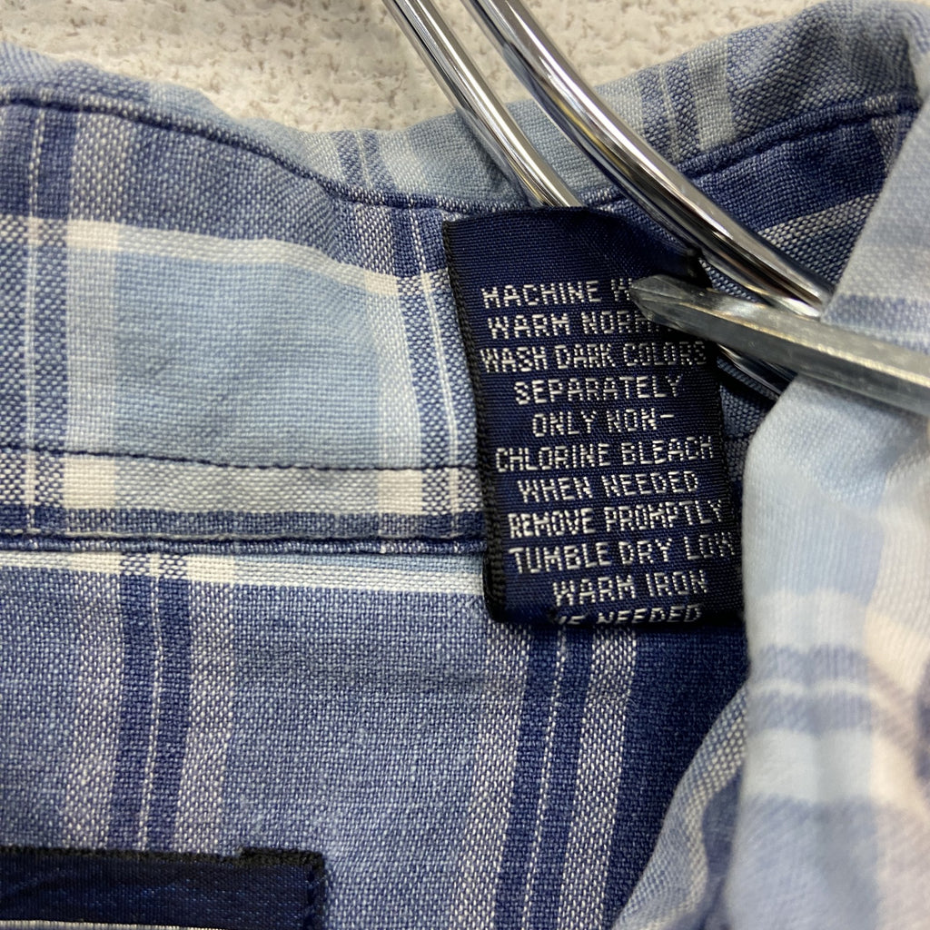 90s　LANDS’ END　ランズエンド　半袖チェックシャツ　ヴィンテージ　青　ブルー　Mサイズ　古着
