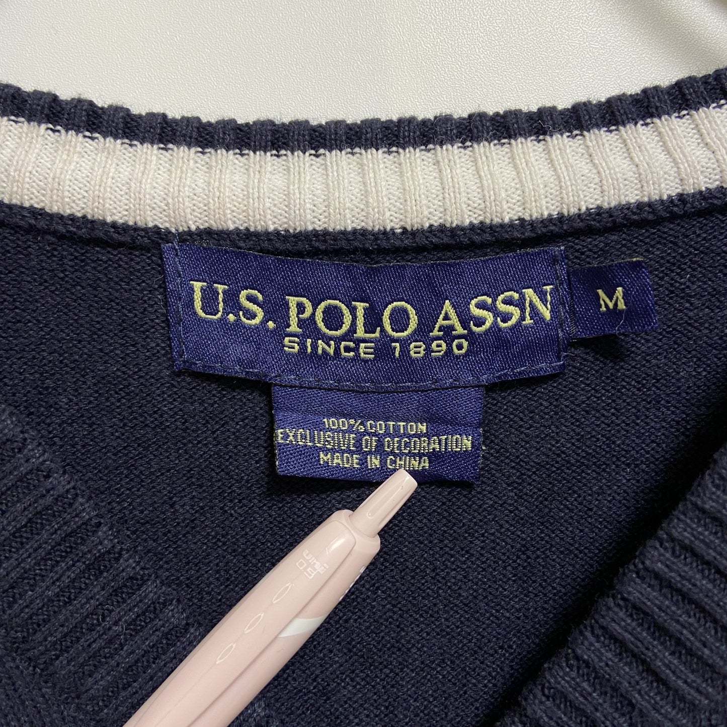 古着 used　U.S.POLOASSN　ユーエスポロアッスン　ワンポイント刺繡ニットベスト　ネイビー　ダイヤ柄　Vネック