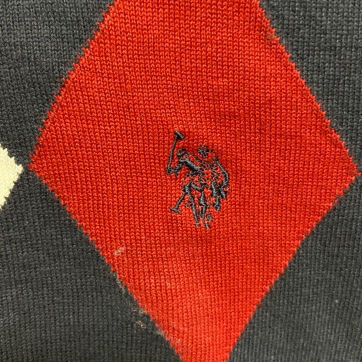 古着 used　U.S.POLOASSN　ユーエスポロアッスン　ワンポイント刺繡ニットベスト　ネイビー　ダイヤ柄　Vネック