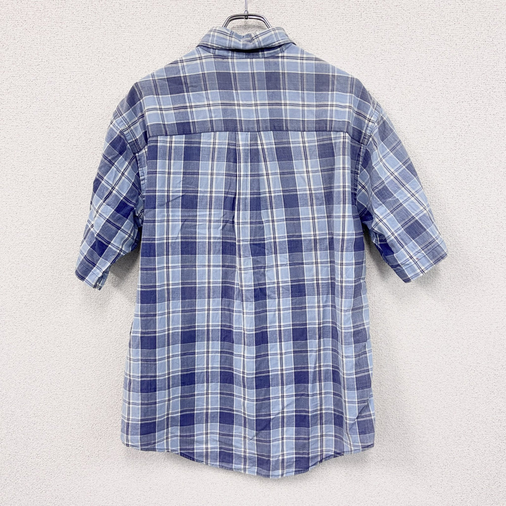 90s　LANDS’ END　ランズエンド　半袖チェックシャツ　ヴィンテージ　青　ブルー　Mサイズ　古着