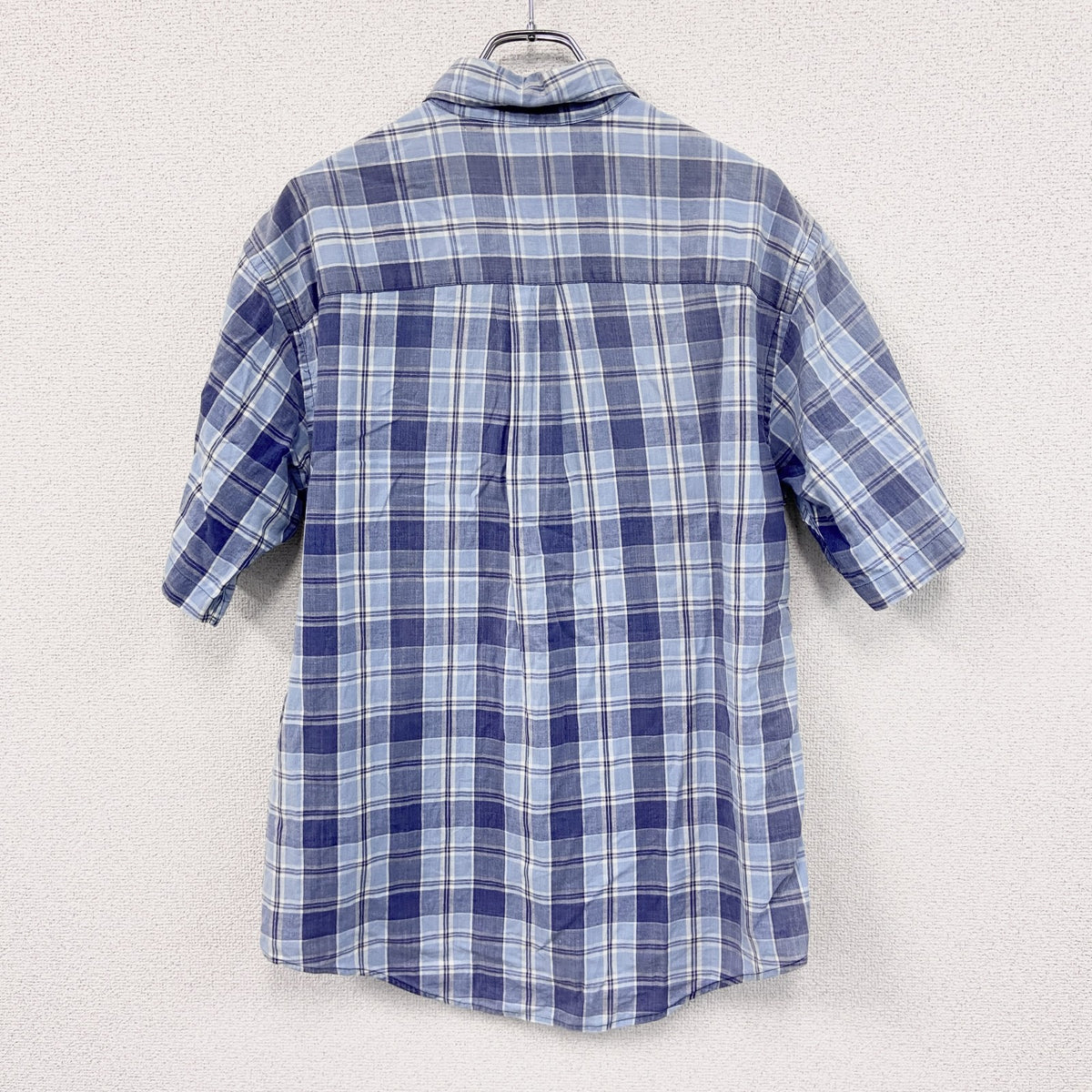 90s　LANDS’ END　ランズエンド　半袖チェックシャツ　ヴィンテージ　青　ブルー　Mサイズ　古着