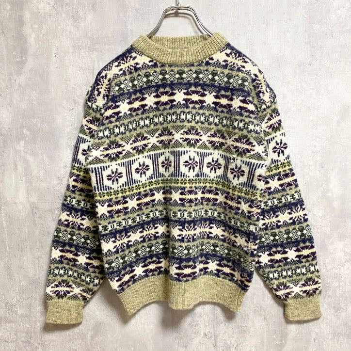 ～90s　COOLERCLIMATE　ニットセーター　フェアアイル柄　アメカジ　クルーネック　ヴィンテージ　総柄　Sサイズ　古着
