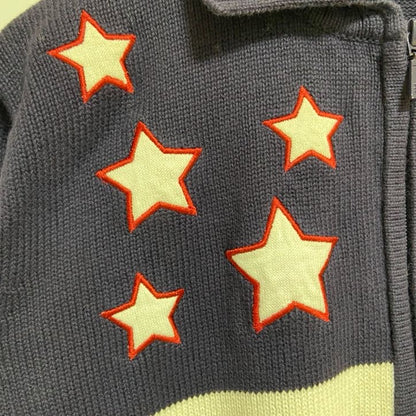 古着 used　KARENSCOTT　長袖ジップアップニット　セーター　アメリカ　国旗　星条旗　刺繍ワッペン　ネイビー