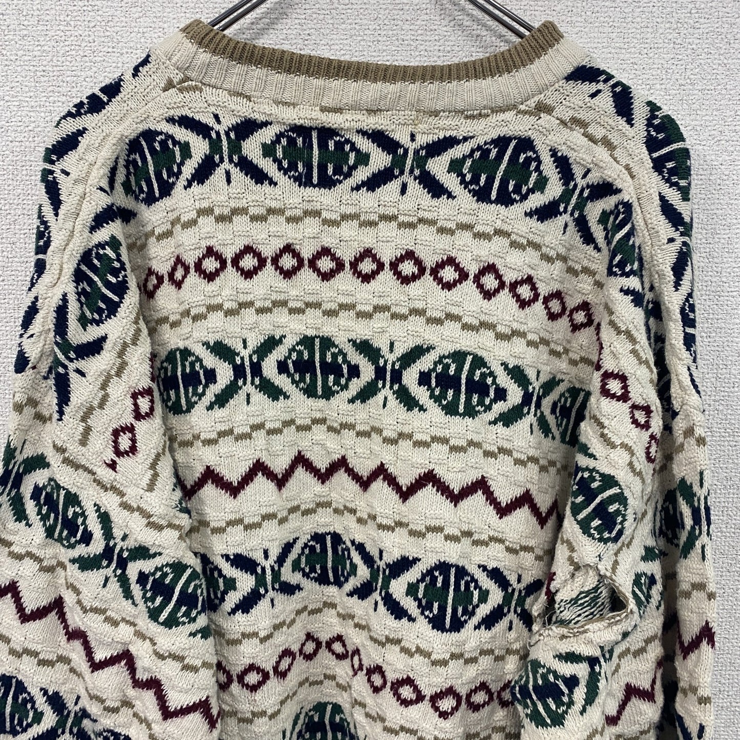 コットンニットセーター　3Dニット　総柄　白　ホワイト　XLサイズ