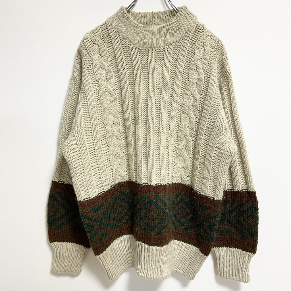 ～90s　lechateau　ルシャトー　長袖クルーネック柄ニット　厚手セーター　ヴィンテージ　ベージュ　古着