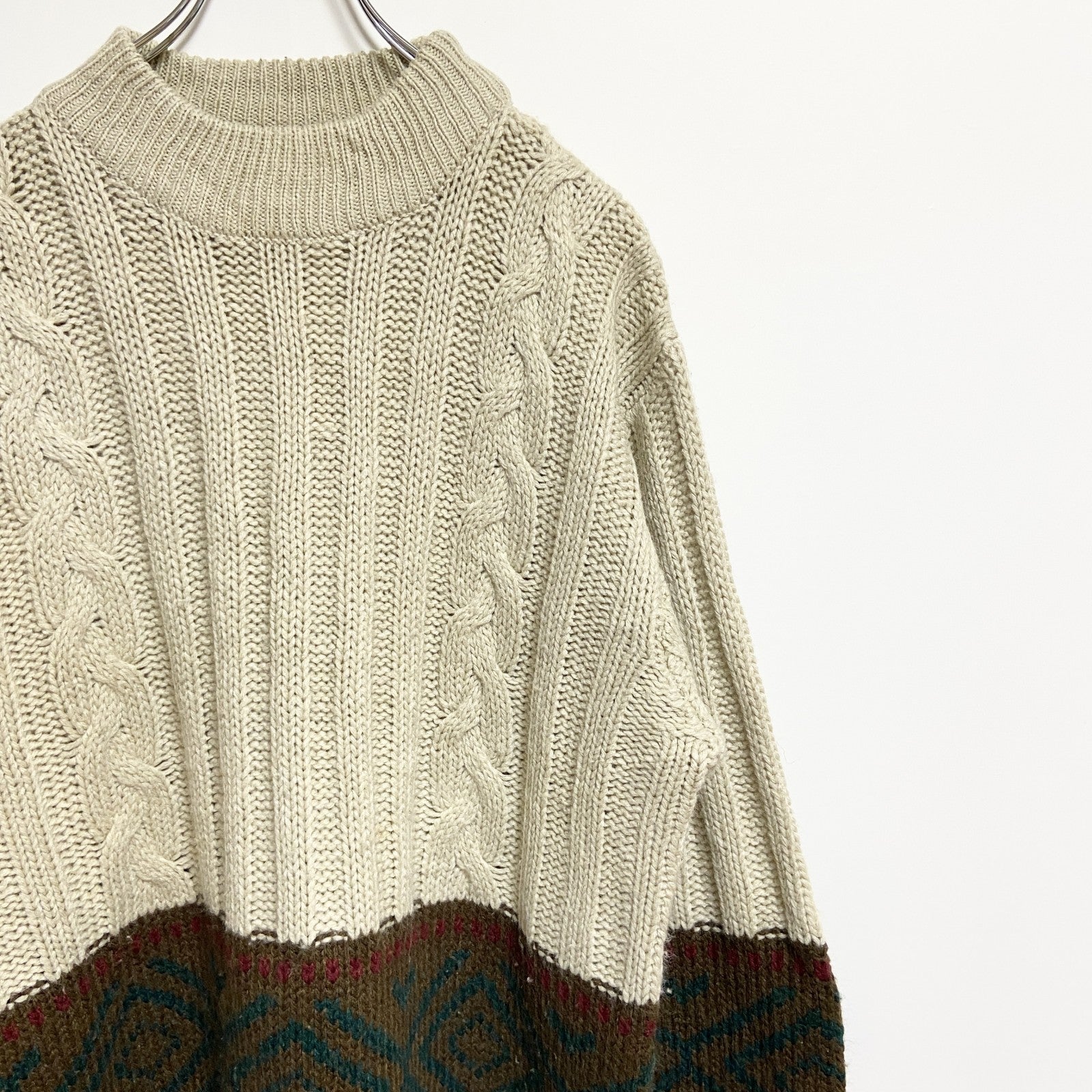 ～90s　lechateau　ルシャトー　長袖クルーネック柄ニット　厚手セーター　ヴィンテージ　ベージュ　古着