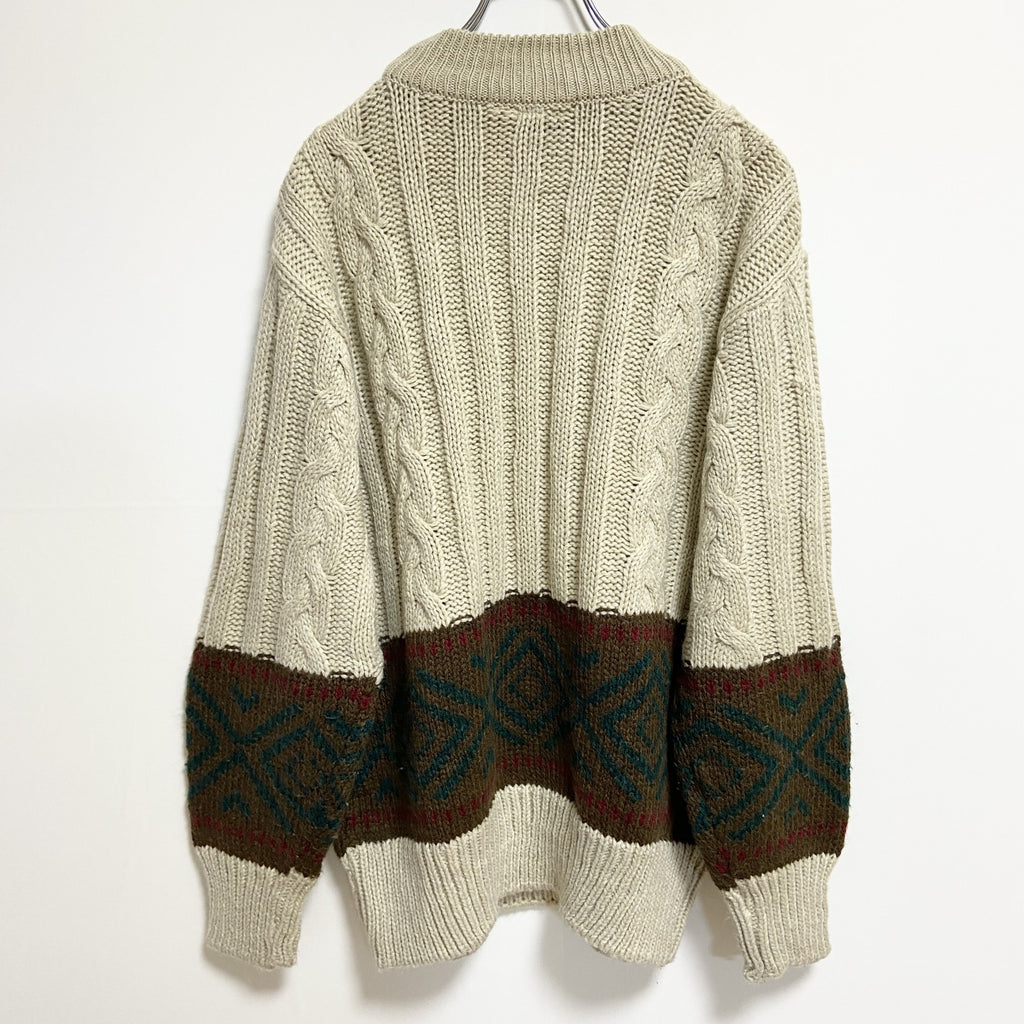～90s　lechateau　ルシャトー　長袖クルーネック柄ニット　厚手セーター　ヴィンテージ　ベージュ　古着