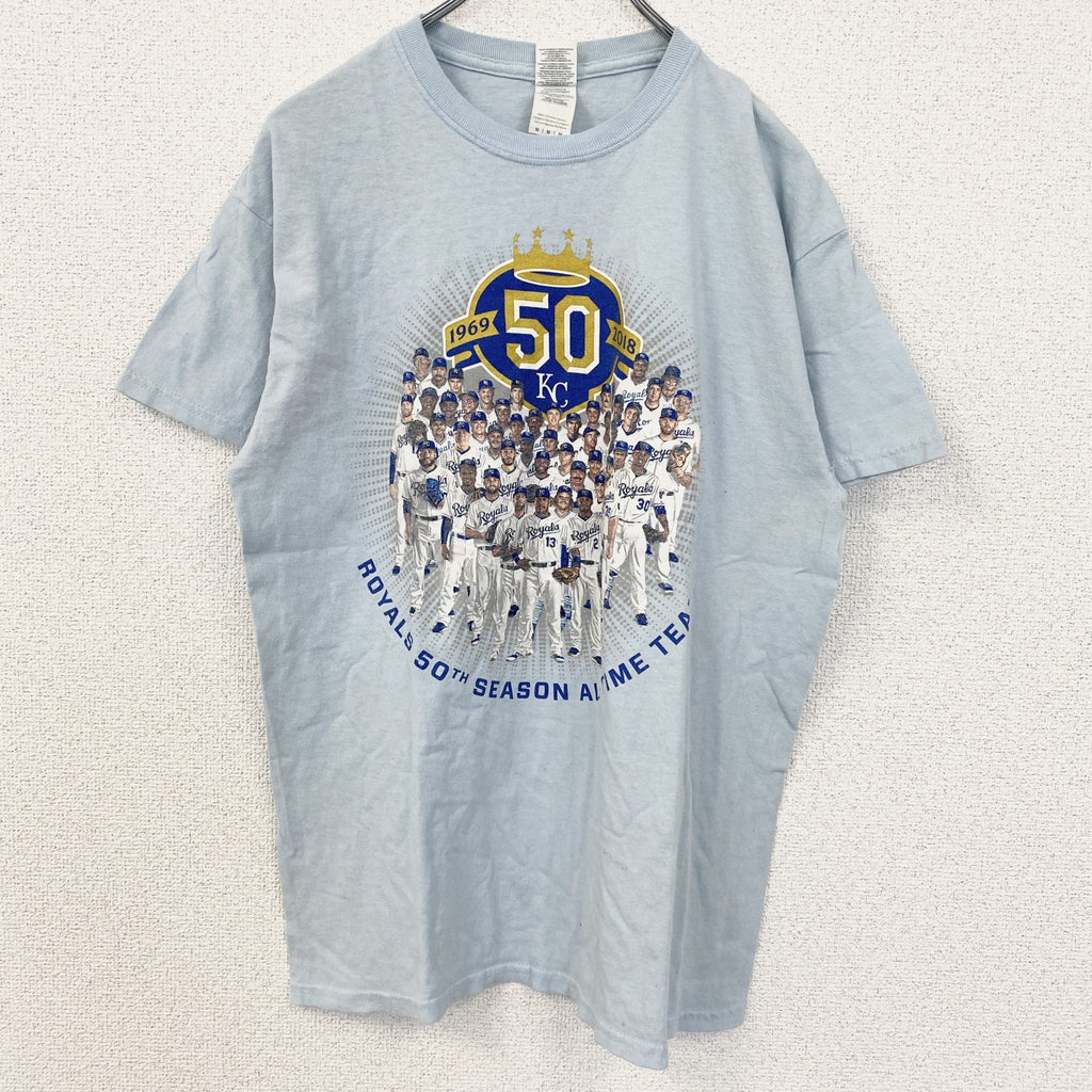 GILDAN　ギルダン　半袖プリントTシャツ　ベースボール　野球　スポーツ　水色　ライトブルー　Mサイズ　古着
