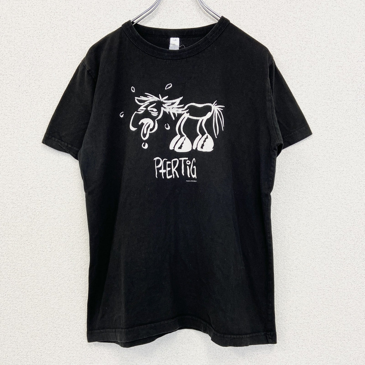B&C　半袖プリントアニマルTシャツ　PFER TIG　馬　英字プリント　黒　ブラック　XXLサイズ　古着