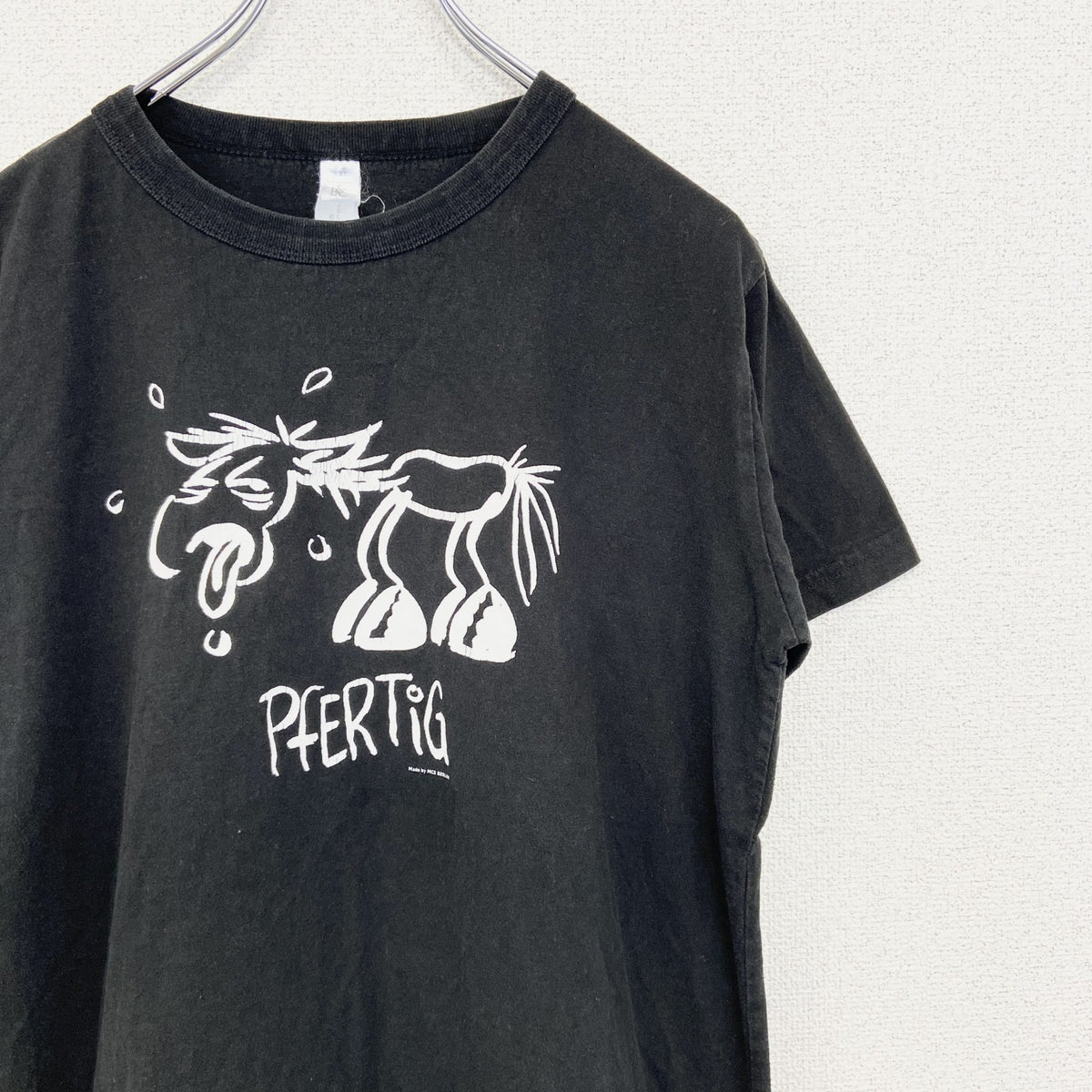 B&C　半袖プリントアニマルTシャツ　PFER TIG　馬　英字プリント　黒　ブラック　XXLサイズ　古着