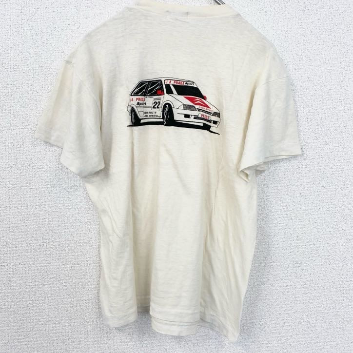 　半袖プリントTシャツ　バックプリント　車　カー　シングルステッチ　90s　レトロ　アイボリー　Mサイズ　　ヴィンテージ　古着