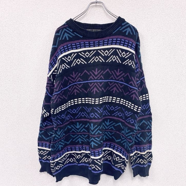 ～00s　コットンニットセーター　3Dニット　総柄　ヴィンテージ　黒　ブラック　XLサイズ