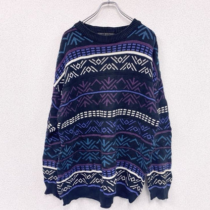 ～00s　コットンニットセーター　3Dニット　総柄　ヴィンテージ　黒　ブラック　XLサイズ