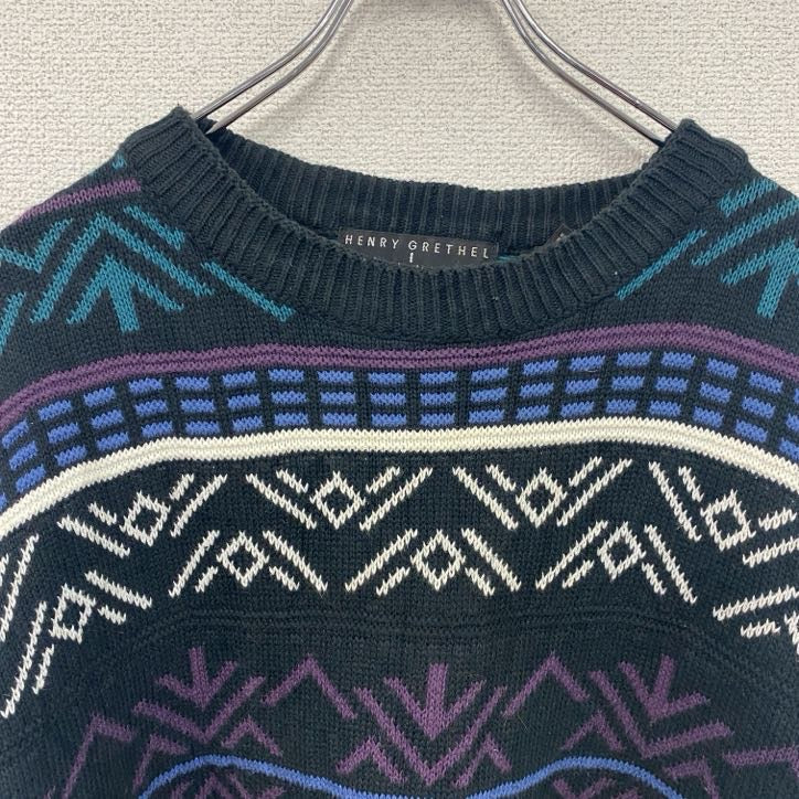 ～00s　コットンニットセーター　3Dニット　総柄　ヴィンテージ　黒　ブラック　XLサイズ