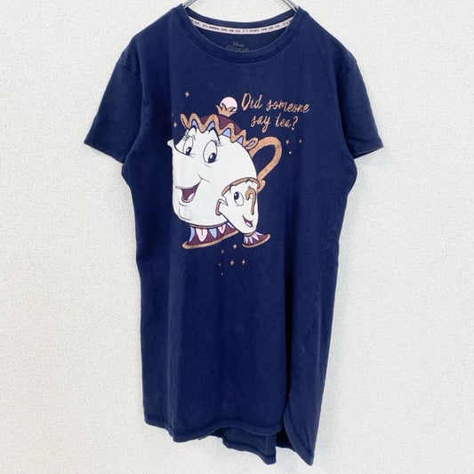 古着 used　Disney　ディズニー　半袖プリントTシャツ　美女と野獣　ポット夫人　キャラクター　ネイビー　Mサイズ