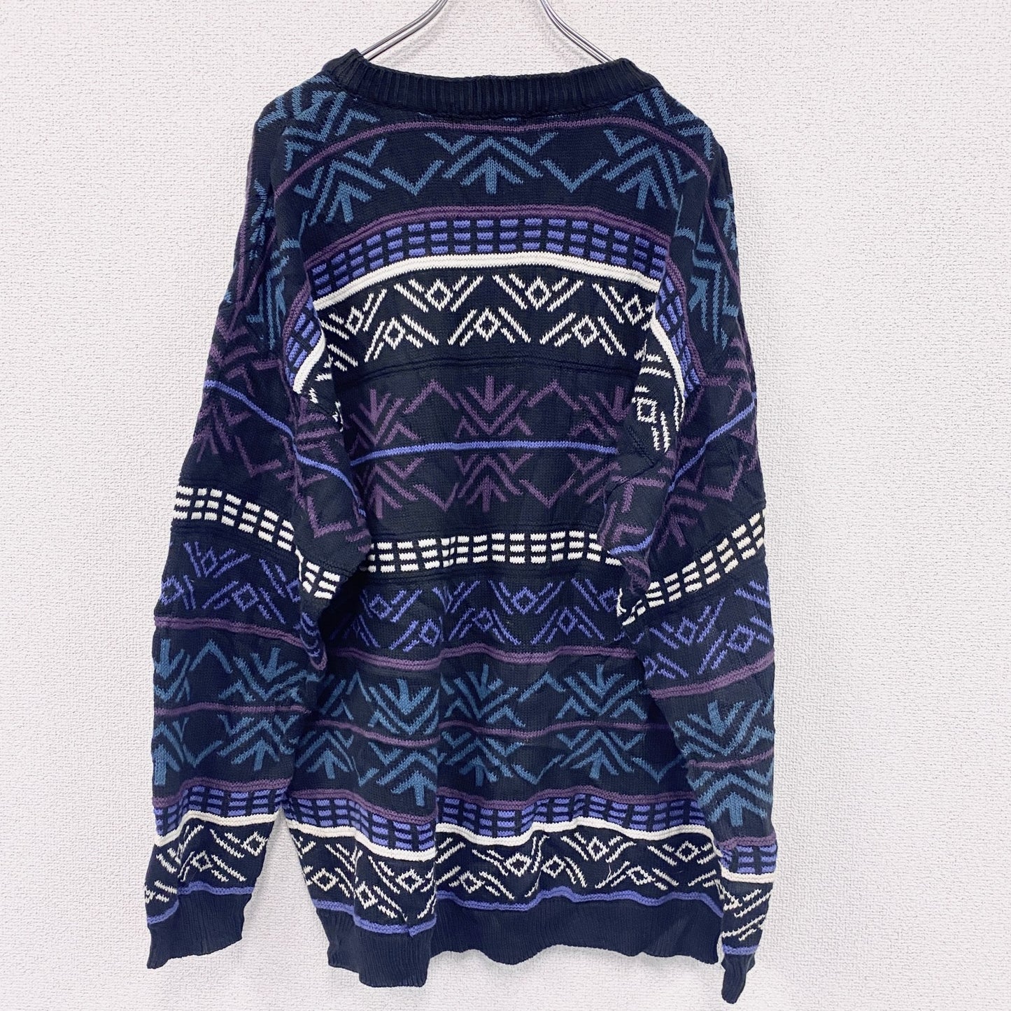 ～00s　コットンニットセーター　3Dニット　総柄　ヴィンテージ　黒　ブラック　XLサイズ