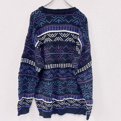 ～00s　コットンニットセーター　3Dニット　総柄　ヴィンテージ　黒　ブラック　XLサイズ