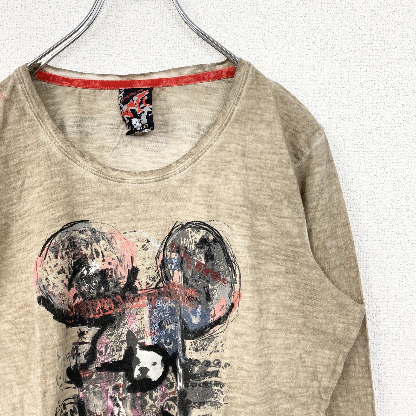FRIEDA & FREDDIES　NEW　YORK　長袖プリントTシャツ　キャラクター　ベージュ　XSサイズ　古着