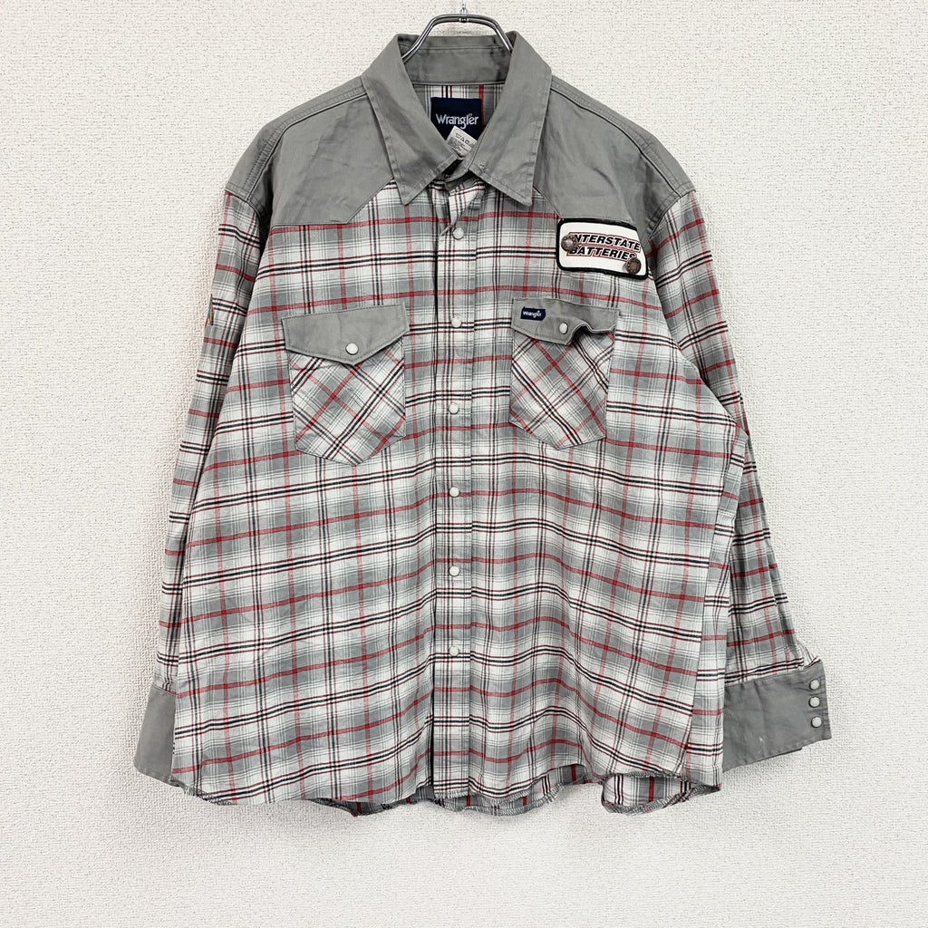 Wrangler　ラングラー　ポケモン　長袖ウエスタンシャツ　チェック柄　ワッペン　2つポケット　灰色　グレー　2Xサイズ　古着