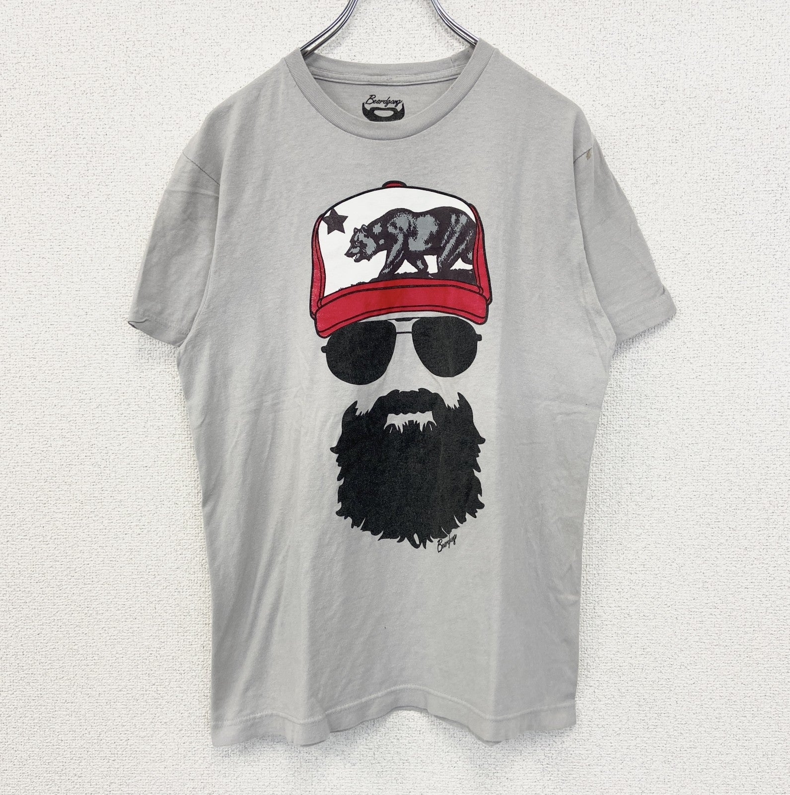 Beard gang　半袖プリントTシャツ　カジュアルデザイン　熊　クルーネック　レトロ　グレー　灰色　Mサイズ　古着