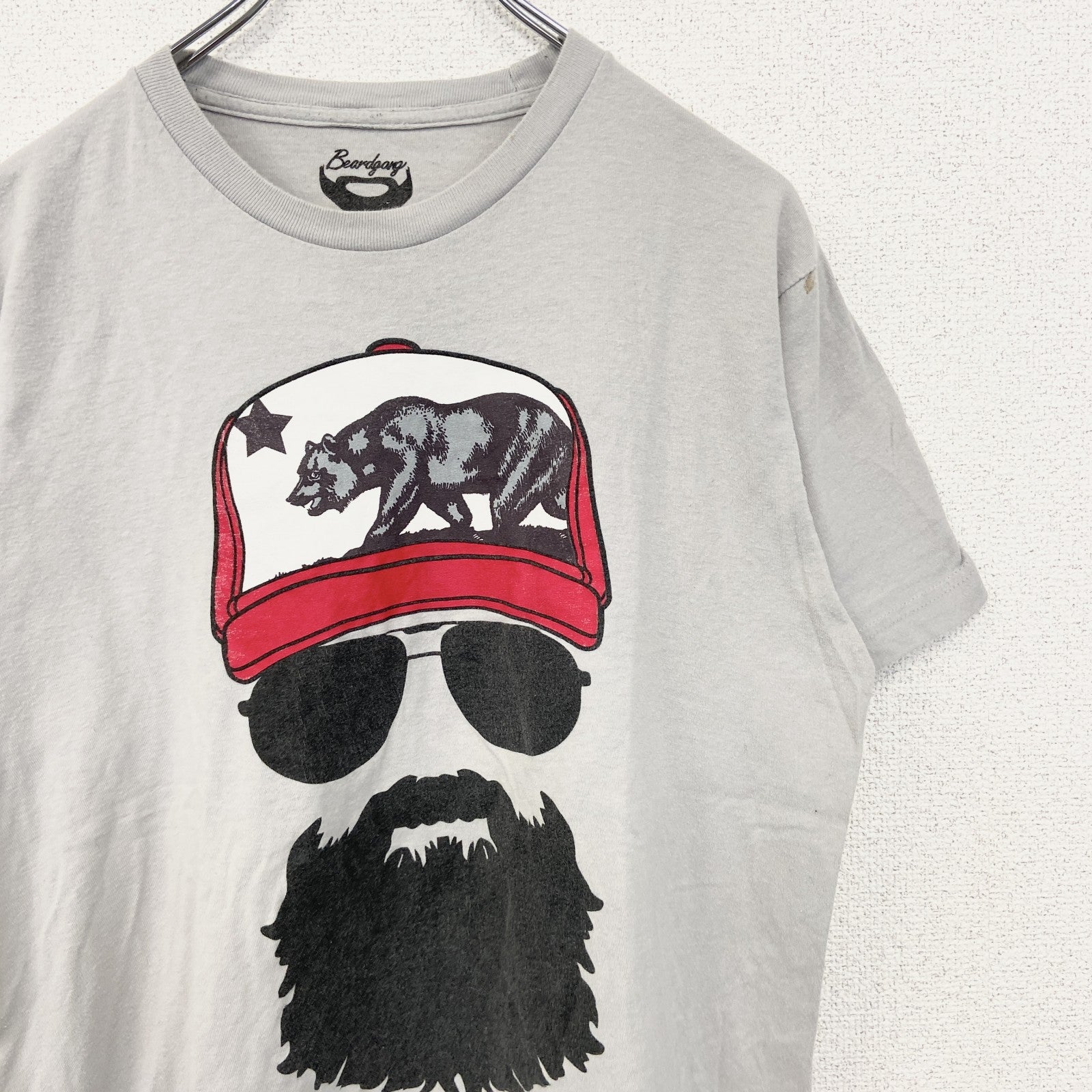 Beard gang　半袖プリントTシャツ　カジュアルデザイン　熊　クルーネック　レトロ　グレー　灰色　Mサイズ　古着