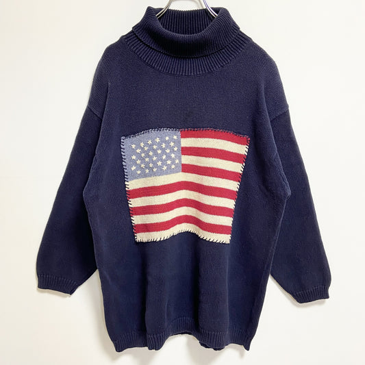 古着 used　～90s　長袖タートルネックニット　セーター　星条旗　アメリカ　国旗　ネイビー　紺色　オーバーサイズ