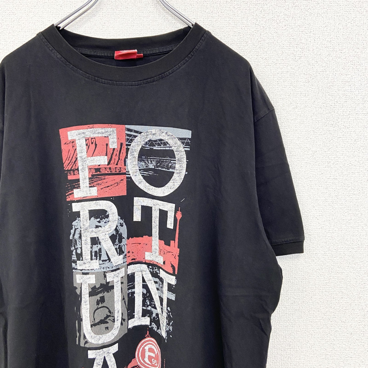 F95　半袖プリントTシャツ　ビッグT　FORTUNA　カジュアルデザイン　クルーネック　黒　ブラック　XXLサイズ　古着