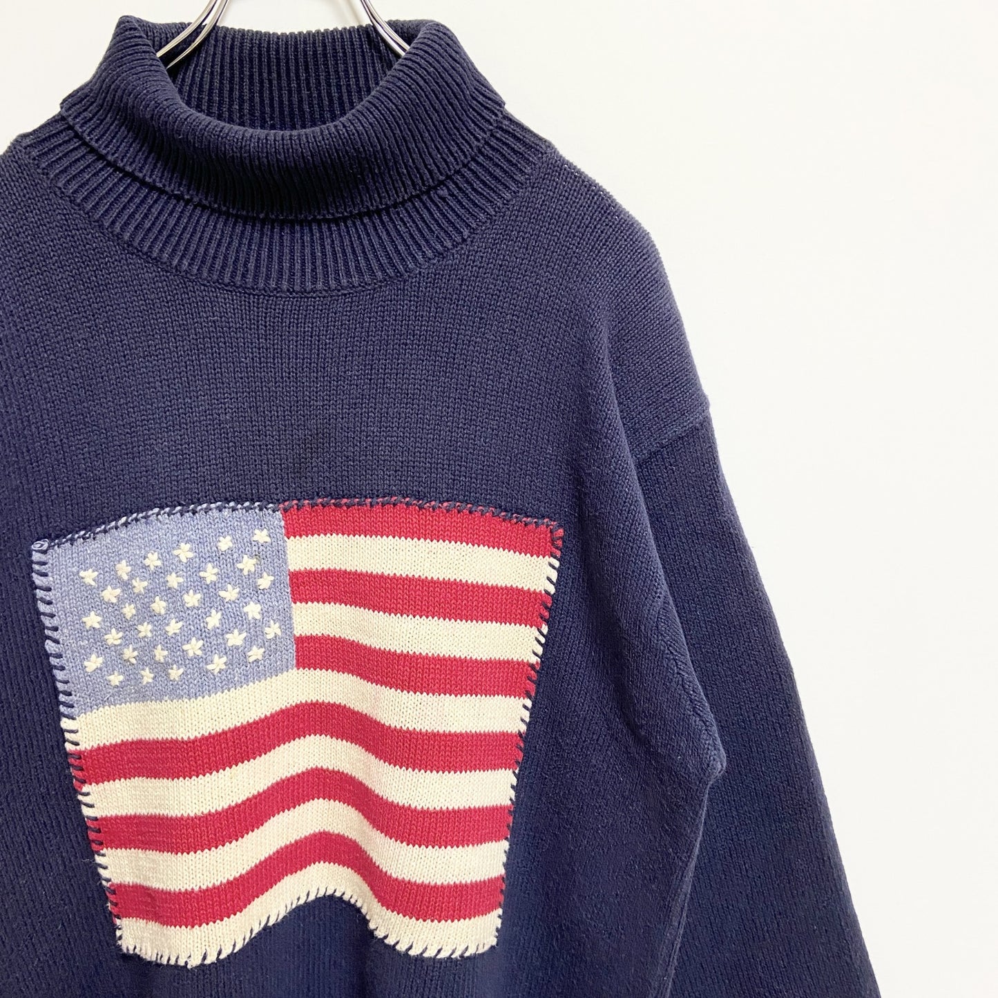 古着 used　～90s　長袖タートルネックニット　セーター　星条旗　アメリカ　国旗　ネイビー　紺色　オーバーサイズ